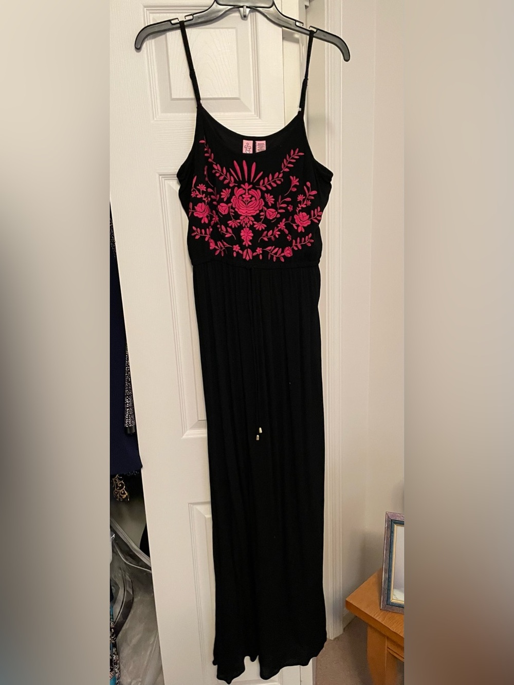 Love on a Hanger Black Maxi Dress with Pink Floral Embroidery L